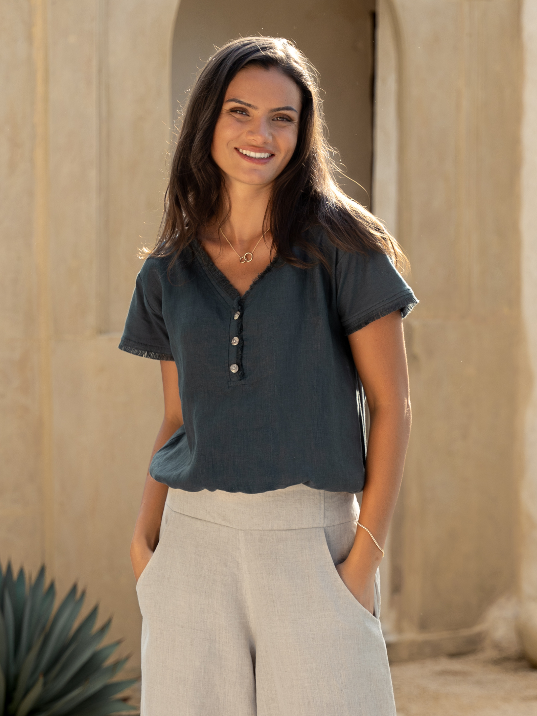 Vivre French Linen and Cotton Blouse Charcoal