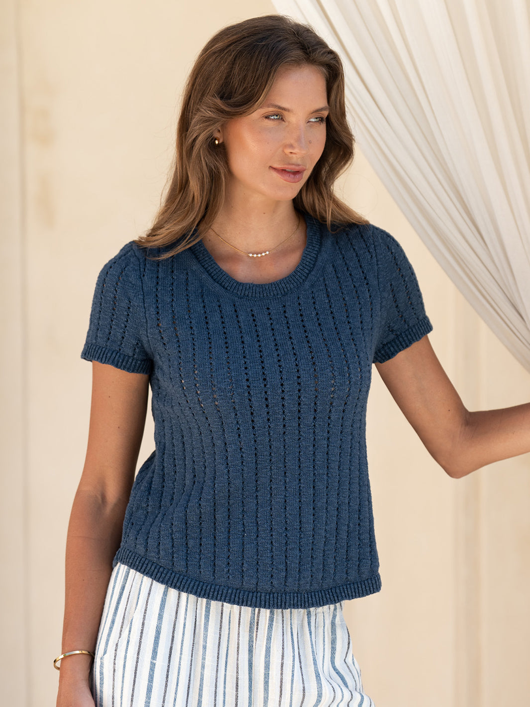 Agni Cotton Linen Knit Top Navy