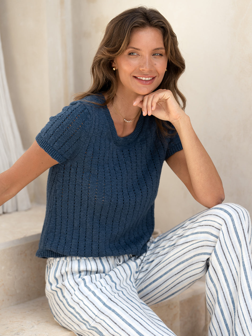 Agni Cotton Linen Knit Top Navy